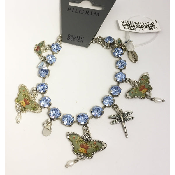Bracelet Pilgrim avec strass bleus et papillons vert